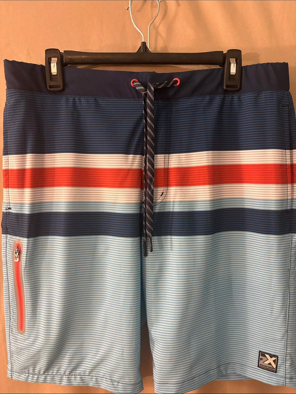 ZeroXposur Navy, Light Blue & Red Striped Swim Board Shorts
